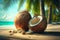 Healthy coconuts on tropical beach background