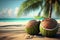 Healthy coconuts on tropical beach background