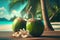 Healthy coconuts on tropical beach background