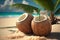 Healthy coconuts on tropical beach background