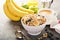 Healthy cold cereal in a white bowl