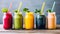 Healthy colorful smoothies in glass bottles with straws on wooden table. Generative AI