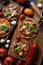 Healthy comfort food or keto diet concept. Cauliflower gluten free pizzas with mushrooms, eggplants, tomatoes and basil with raw