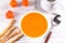 Healthy comfort pumpkin, butternut squash soup in white bowl. Autumn Winter food