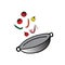 Healthy cooking, wok pan with tomato, chilli, and shrimp. flying foodstuff on wok. hand drawn vector. white background. doodle art