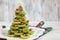Healthy dessert idea for kids party - funny edible kiwi pomegranate Christmas tree