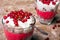Healthy dessert with organic red currants, fresh yogurt and corn flakes