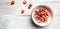 Healthy diet breakfast. overnight oatmeal with chia seeds and fruits figs, strawberries on a light background, Long banner format