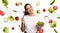 Healthy diet. Cheerful girl eating salad from bowl, collage with vegetables in air, white background. Panorama