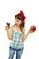 Healthy diet choices - little girl with apple and chocolate