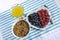 Healthy diet high dietary fiber breakfast with bowl of bran cereal and berries with pineapple juice - aerial