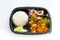 Healthy and diet lunch boxes, Thai Vegan food, Red Curry with Tofu and .Thai spicy egg salad