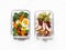 Healthy diet snack, breakfast lunch box on light background, top view. Boiled egg, fresh vegetables and fruits - tasty healthy