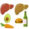 Healthy and diseased liver. Causes of illness the internal organ. Greasy Burger, alcohol beer, avocado