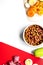 Healthy dogfood with eggs, vegetables and meat on kitchen top view mockup