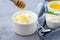 Healthy eat concept - breakfast with cottage cheese or ricotta with honey