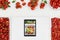 Healthy eating concept many fresh tomatoes and digital tablet on