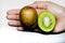 Healthy eating and diet Topic: Human hand holding a half kiwi isolated on a white background in the studio