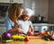 Healthy eating. family mother and child girl preparing vegetarian vegetable salad at home in kitchen