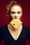 Healthy eating. Food concept. Arty portrait of woman with cheese