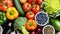 Healthy eating ingredients: fresh vegetables, fruits and superfood. Nutrition, diet, vegan food.