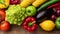 Healthy eating ingredients: fresh vegetables, fruits and superfood. Nutrition, diet, vegan food. Wooden background