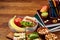 Healthy eating kid`s menu on school lunch background, shallow depth of field, close-up.