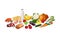 Healthy eating. Raw food diet. vegetables, fruit, meat, fish, dairy, milk, cheese, eggs, bread. weight loss. Vector graphic