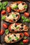 Healthy Eggplant or Aubergine pizza with tomato sauce, mozzarella cheese, basil and olives