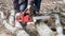 healthy elderly man using a chainsaw saws a log into stumps in open air, close-up