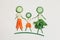 Healthy family eating concept, cute man, woman and child made of fresh vegetables, top view