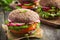 Healthy fast food. Vegan rye burger with fresh vegetables