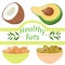 Healthy fats coconut, avocado, almond and olive. Vegetables and nuts with good fats