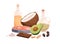 Healthy fats in food products. Omega rich nutritions. Olive oil, avocado, salmon fish, nuts, coconut composition