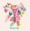 Healthy female reproductive system with floral background.Uterus and cervix anatomy.Ovary with medinilla blossoms.