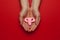 Healthy female uterus on red background. Gynecological diseases and pain treatment. Reproductive system and pregnancy