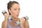 Healthy Fit Young Woman Training With Dumb Bell Weights Pulling Silly Facial Expression