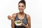 Healthy and Fitness concept - Beautiful American African lady in fitness clothes on diet eating fresh salad. Isolated on