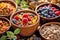 Healthy food background. Bowls with corn flake, berries and whole grains cereals, close-up photography. Generative AI