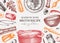 Healthy food background in color. Marrow bone broth banner. Hot soup on plates, pans, bowls, organ meat, vegetables, marrow bones