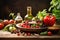 Healthy food background with fresh vegetables, olive oil and spices, Healthy food for balanced flexitarian Mediterranean diet