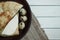 Healthy food background, pancakes, cherry, strawberry on plate on wooden