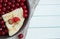 Healthy food background, pancakes, cherry, strawberry on plate on wooden