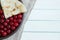 Healthy food background, pancakes, cherry, strawberry on plate on wooden