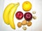 Healthy food-bananas, eggs, walnuts, apples, lemons, top view