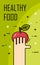 Healthy food banner. Hand holding an apple. Thin line flat design. Vector