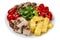 Healthy food in a bowl, grilled turkey meat and mushrooms, corn porridge and grilled bell peppers, Buddha bowl