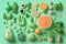 healthy food on bright pastel green background. Sustainable lifestyle. Vegetable and fruit, ecology. Generative ai