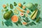 healthy food on bright pastel green background. Sustainable lifestyle. Vegetable and fruit, ecology. Generative ai