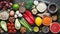 Healthy food clean eating selection fruit, vegetable, seeds, superfood, cereal, leaf vegetable on black concrete background. Flat